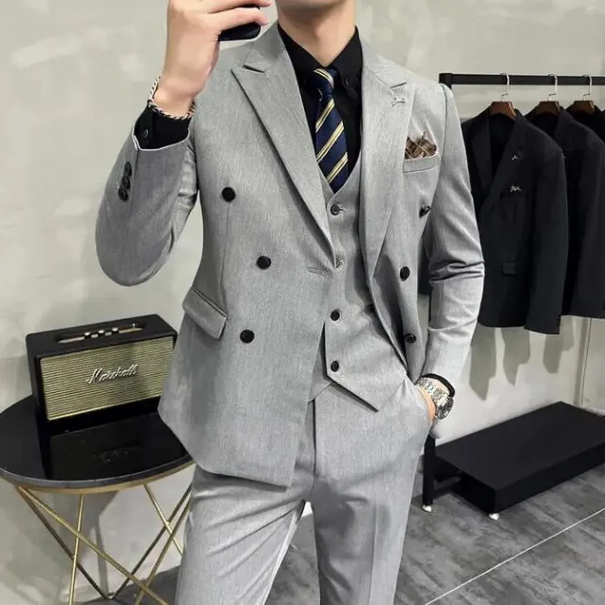 2023 moda dei nuovi uomini per il tempo libero boutique business tinta unita abito da sposa sottile/uomo a righe 3 pezzi blazer
