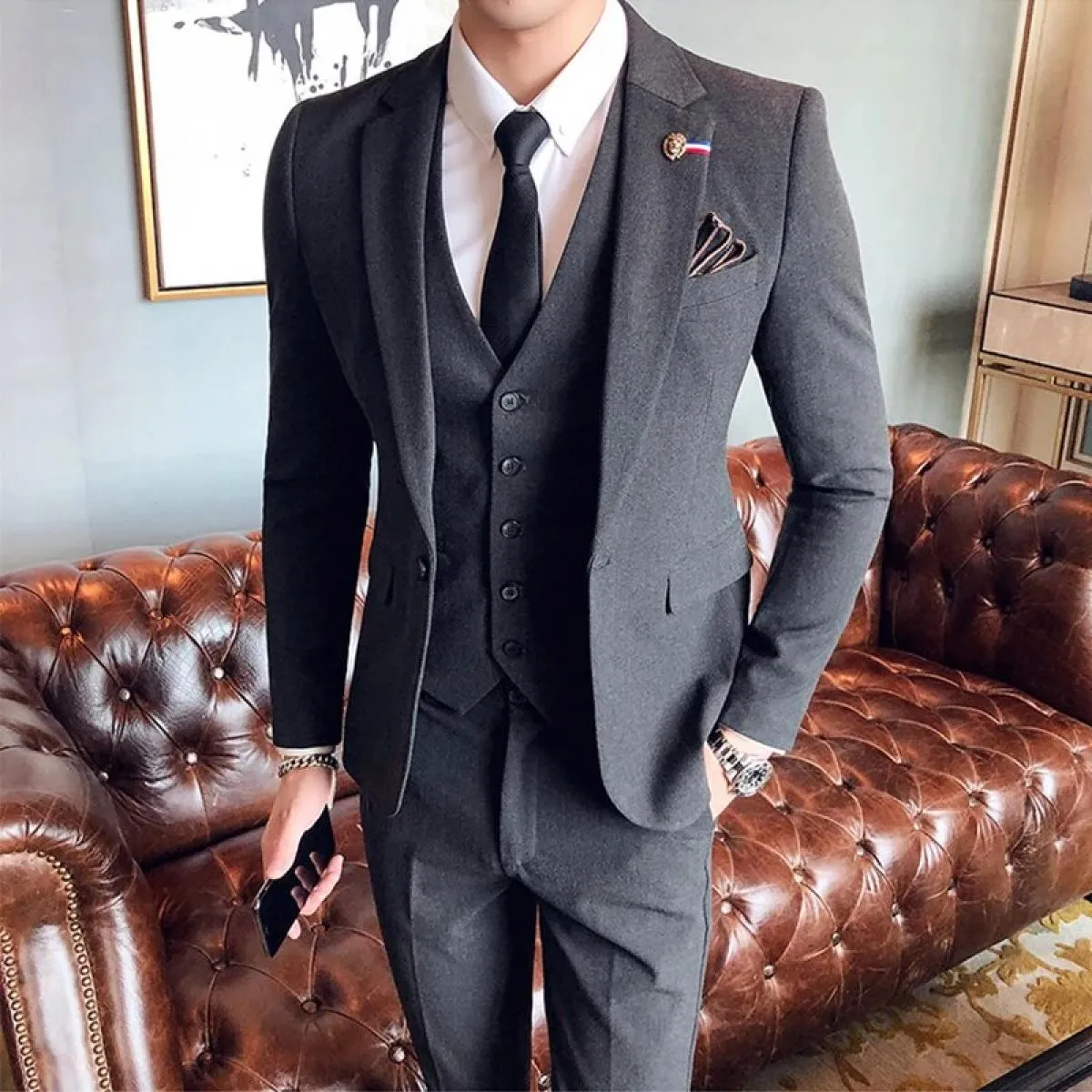 2023 moda dei nuovi uomini per il tempo libero boutique business tinta unita abito da sposa sottile/uomo a righe 3 pezzi blazer