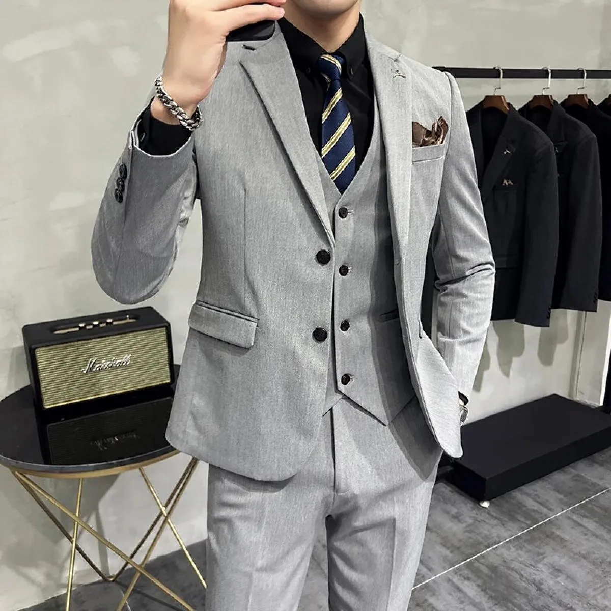 2023 moda dei nuovi uomini per il tempo libero boutique business tinta unita abito da sposa sottile/uomo a righe 3 pezzi blazer