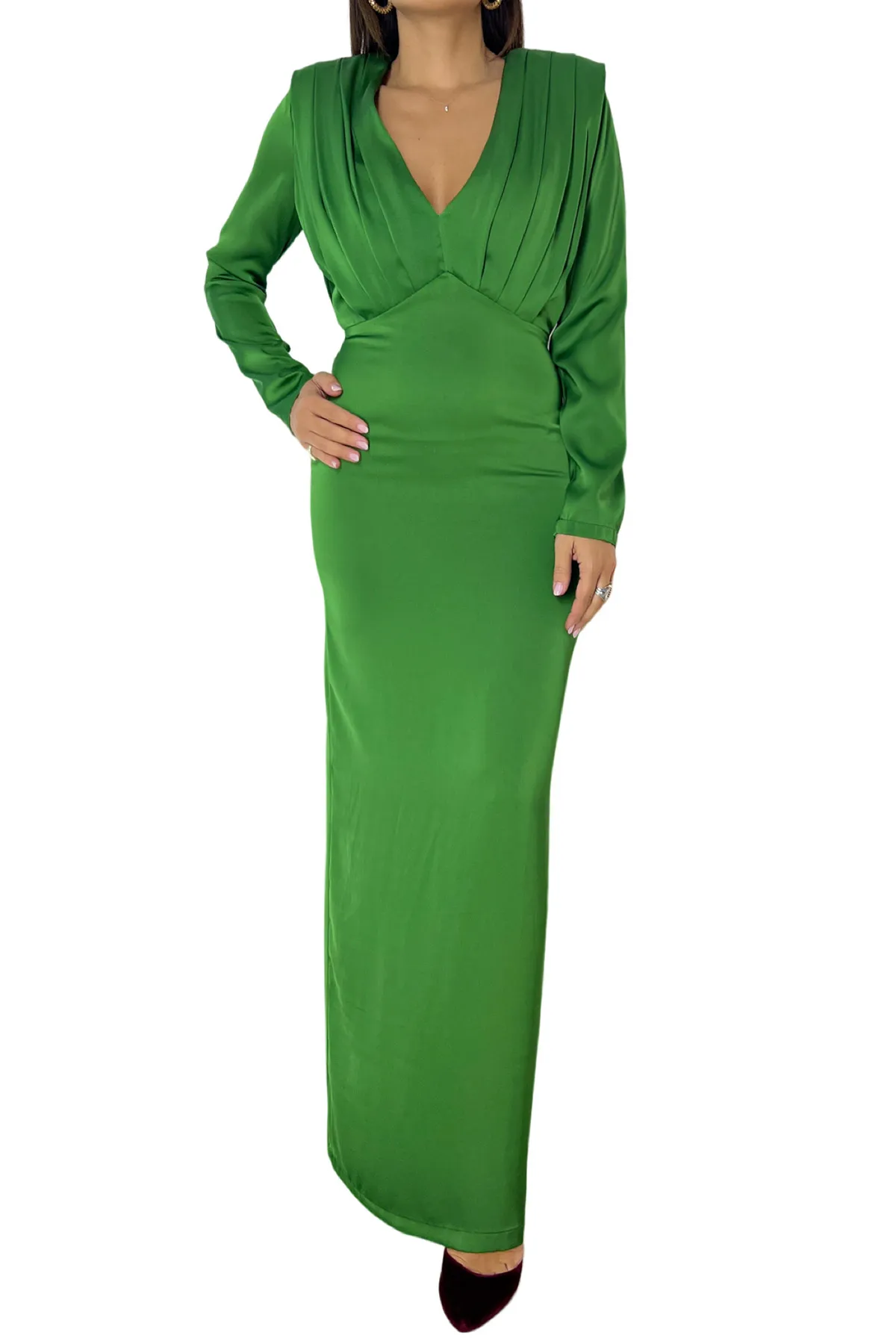 Abito donna lungo maniche lunghe con spalline scollo a V modello pieghe sul davanti spacco retro
