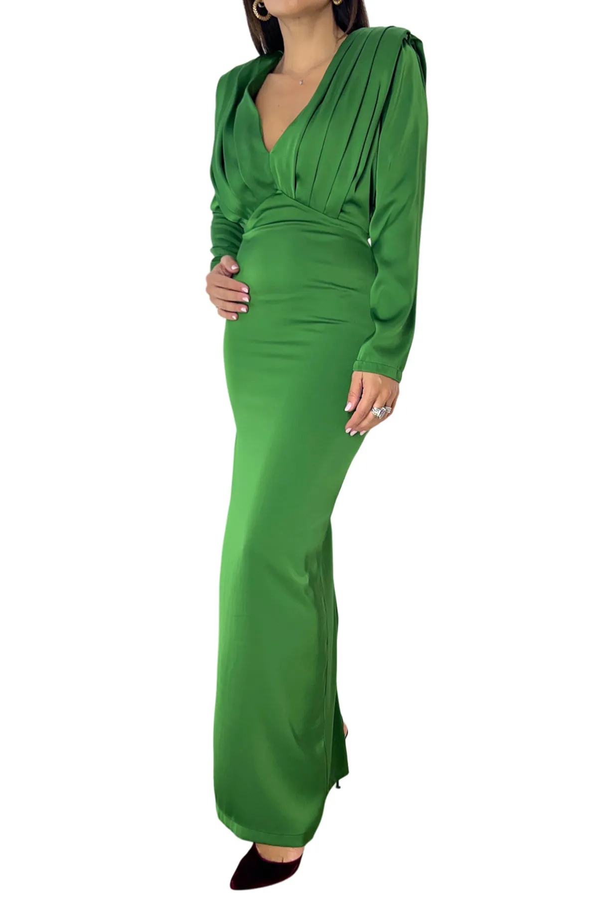 Abito donna lungo maniche lunghe con spalline scollo a V modello pieghe sul davanti spacco retro