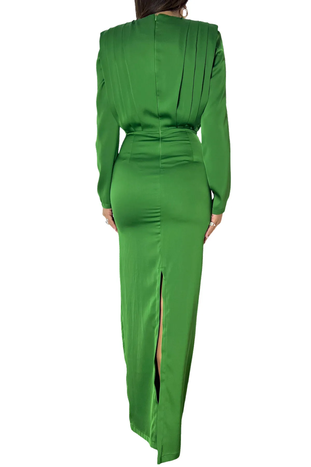 Abito donna lungo maniche lunghe con spalline scollo a V modello pieghe sul davanti spacco retro