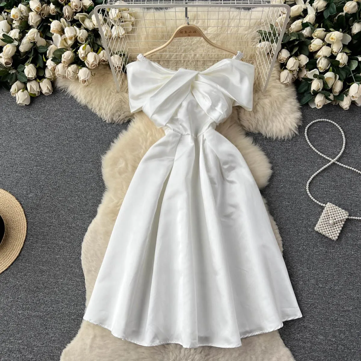 Abito formale midi bianco estivo per donna Abito con fiocco grande Twist aderente Abiti da sera per feste femminili Slash Neck E
