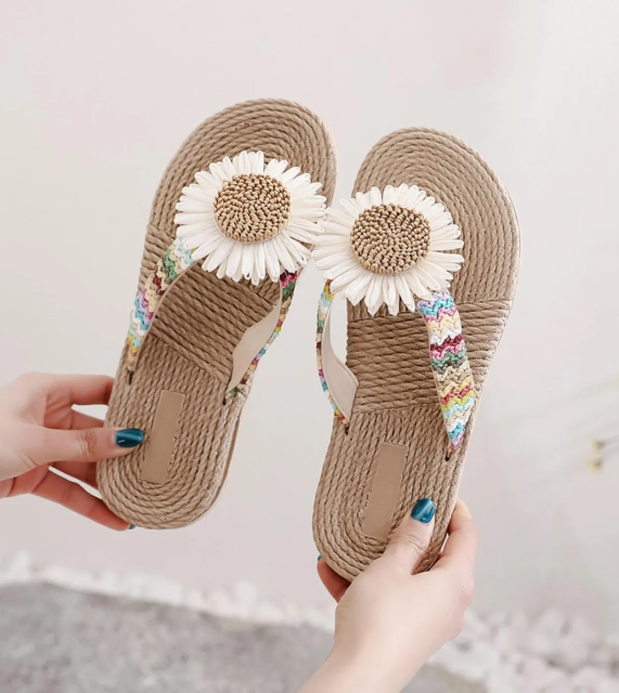 Comemore Espadrille Sandals Summer 2022 Trend Flower Flip Flops Beach Wedge Heel Womens Slippers Cute Hawaii Shoes On P