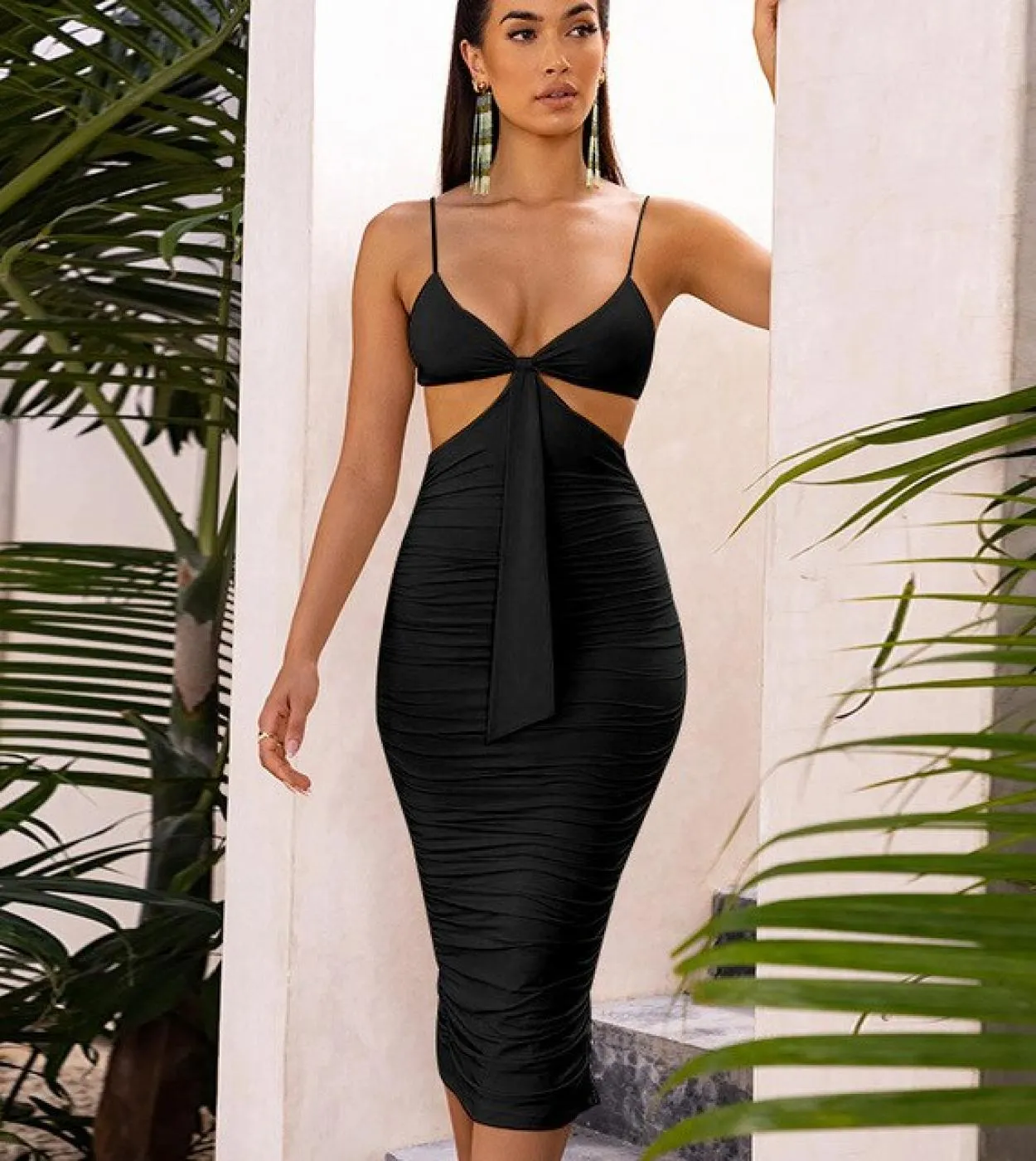 Gacvga  Ruched Summer Midi Dress White Black Women Slim  Beach Party Bodycon Dresses Vestidos De Mujer Casual Trafdresse
