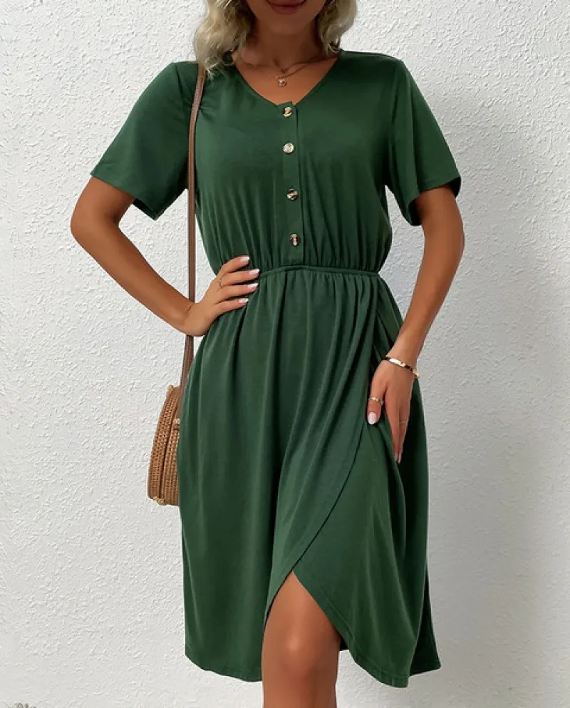 Jim Nora Delle Donne di Estate Soild Midi Vestito Della Rappezzatura del Bordo Irregolare Abiti Spiaggia Manica Corta Con Scollo
