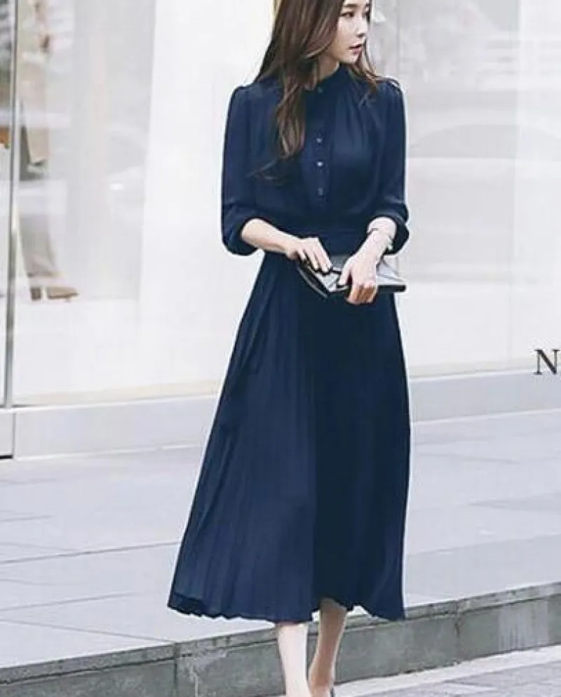 Long Sleeve Elegant Pleated Midi Dress Women Autumn Winter Solid Color  Fashion Lace Up Long Dresses 2022