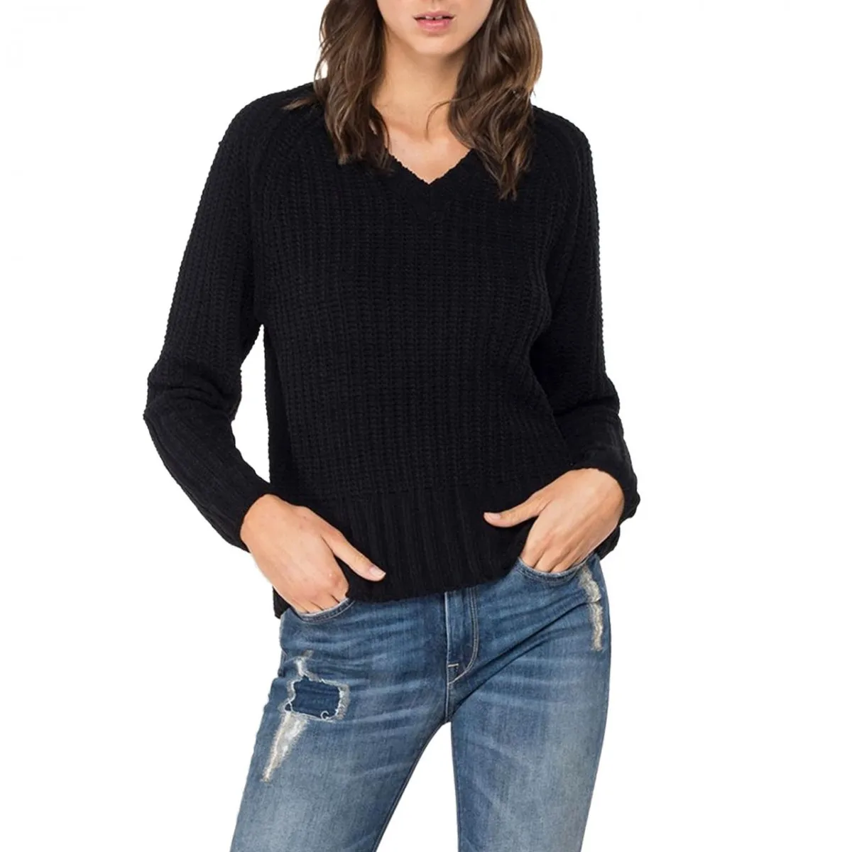 Maglione Crop Scollo A V, Nero