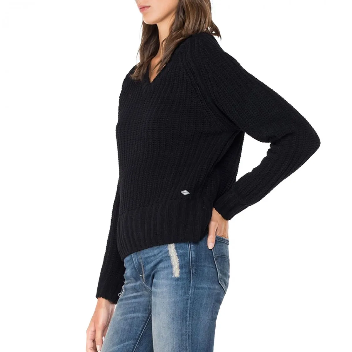 Maglione Crop Scollo A V, Nero