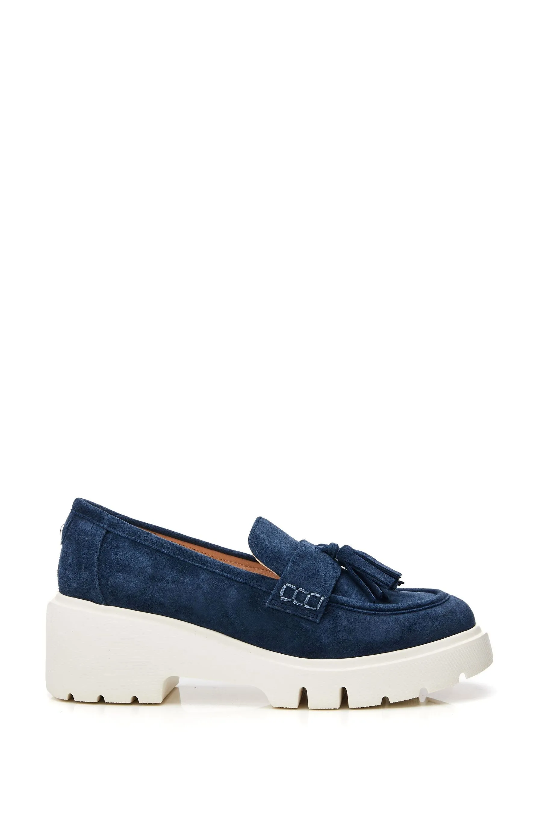 Moda in Pelle Blu - Feyre - Mocassini con zeppa e bordo con nappine