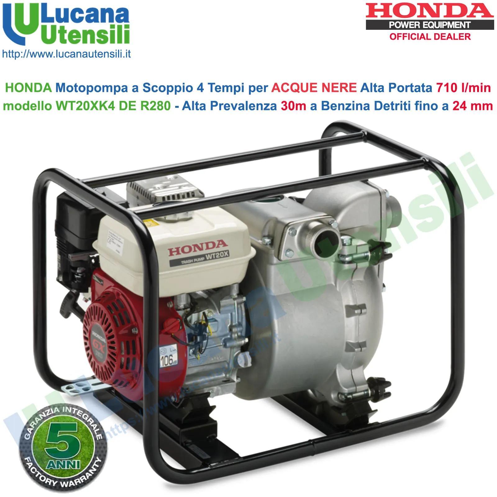 Motopompa Portatile a Scoppio 4 Tempi a Benzina HONDA Acque Nere ad Alta Prevalenza 30m 3,6kW Autoadescante WT20XK4