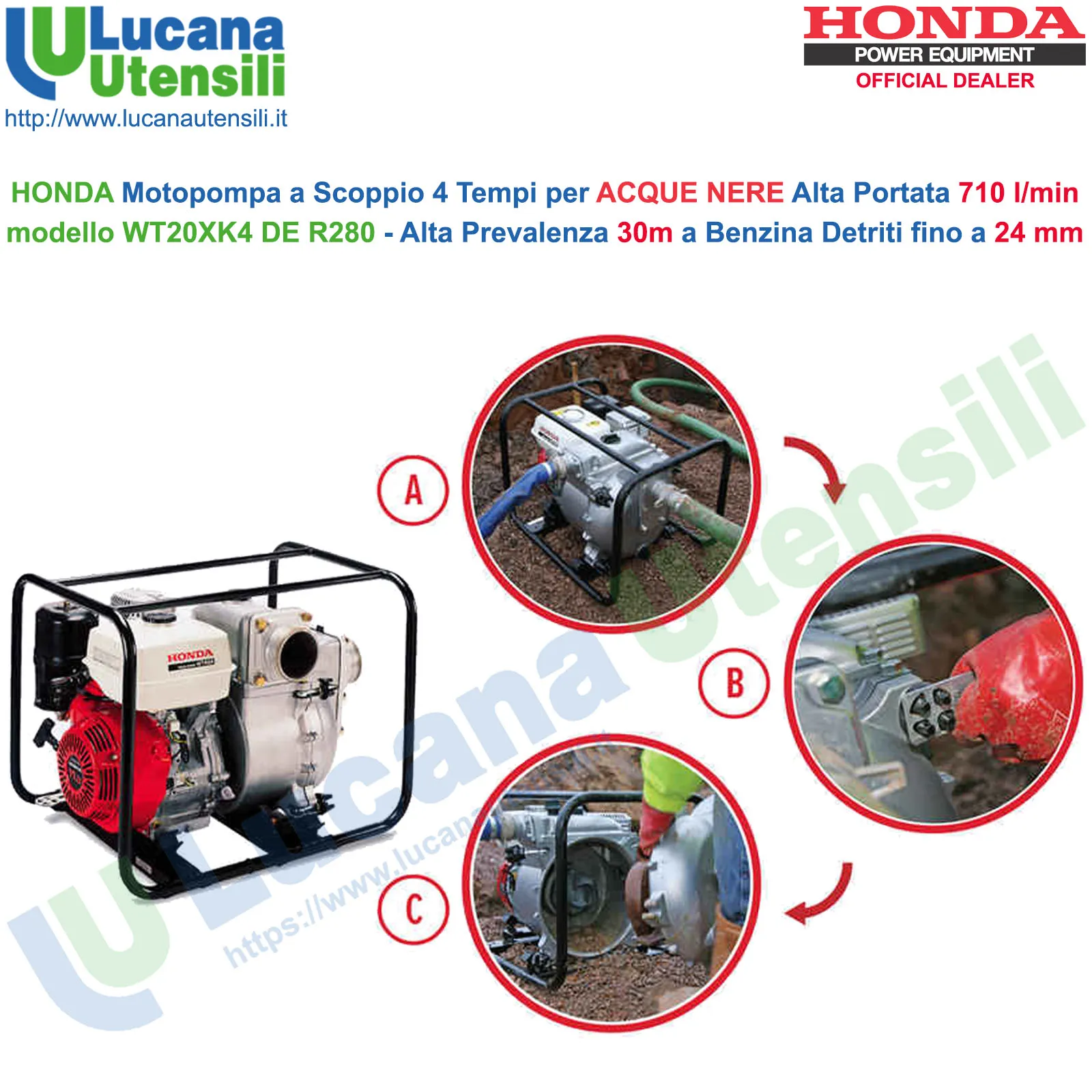 Motopompa Portatile a Scoppio 4 Tempi a Benzina HONDA Acque Nere ad Alta Prevalenza 30m 3,6kW Autoadescante WT20XK4