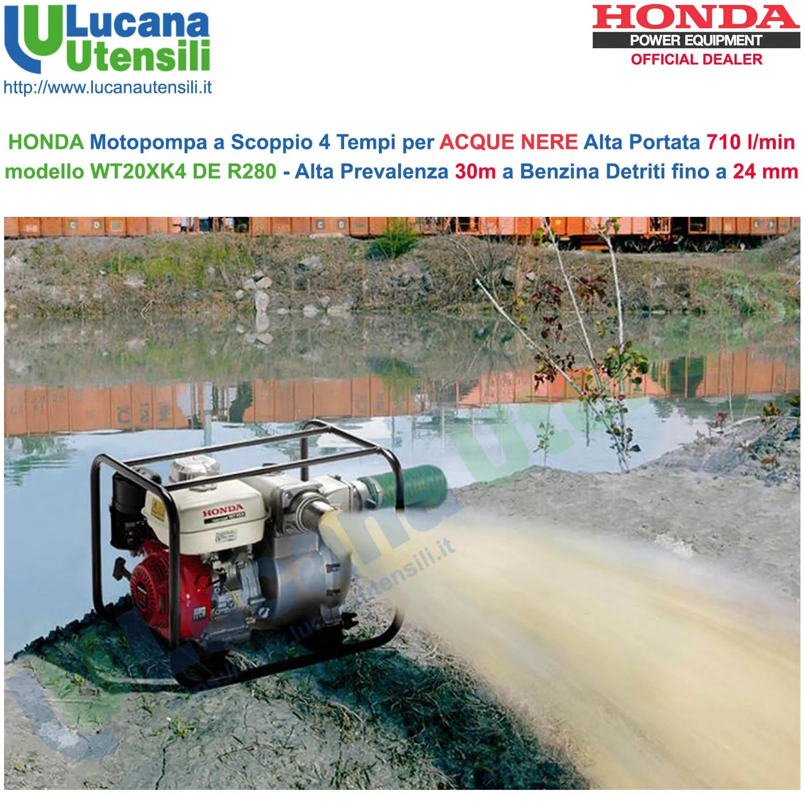 Motopompa Portatile a Scoppio 4 Tempi a Benzina HONDA Acque Nere ad Alta Prevalenza 30m 3,6kW Autoadescante WT20XK4