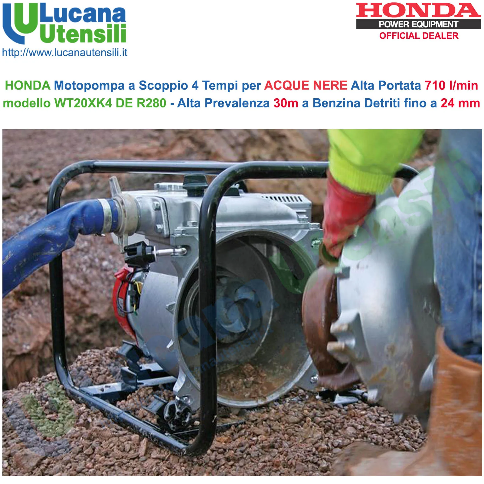 Motopompa Portatile a Scoppio 4 Tempi a Benzina HONDA Acque Nere ad Alta Prevalenza 30m 3,6kW Autoadescante WT20XK4