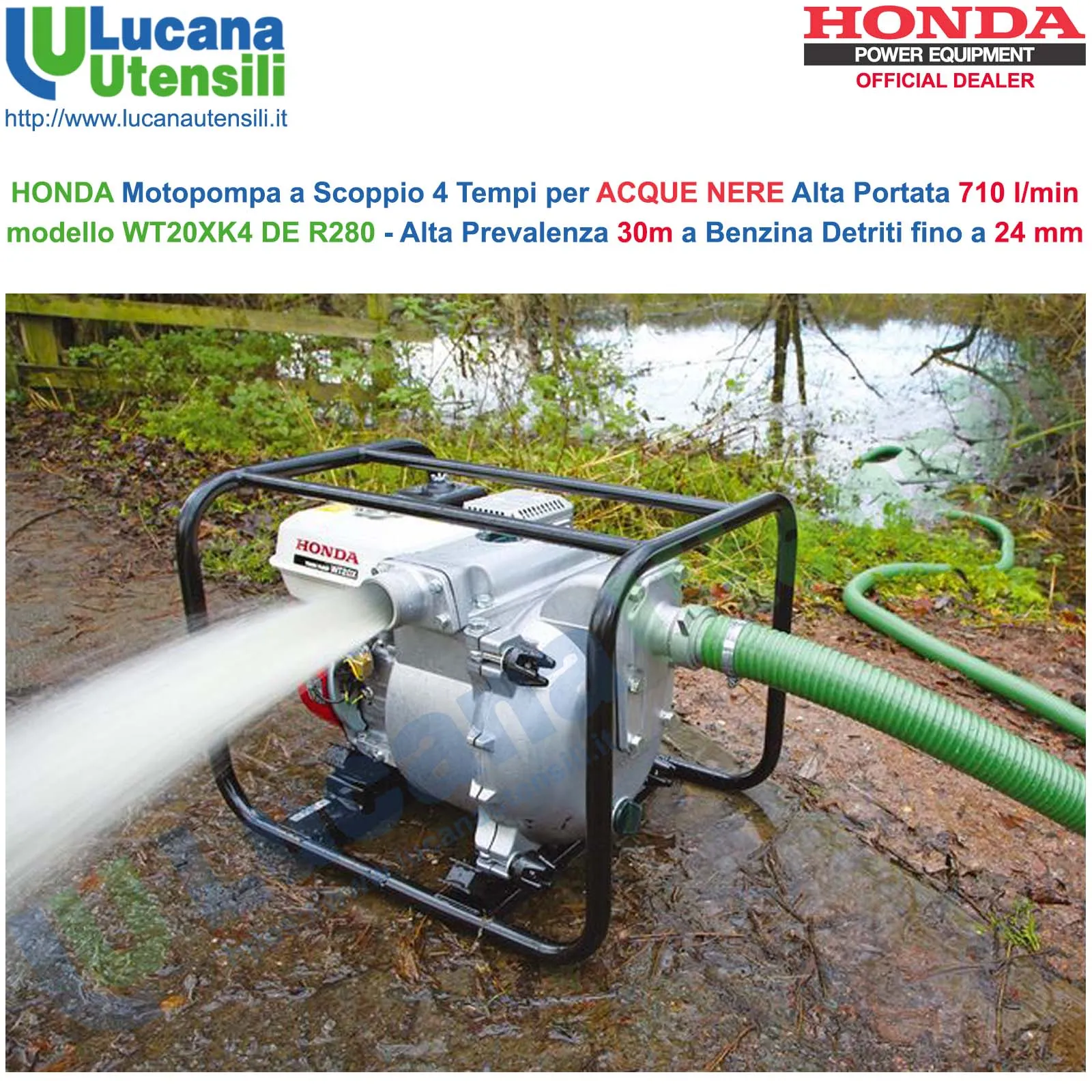Motopompa Portatile a Scoppio 4 Tempi a Benzina HONDA Acque Nere ad Alta Prevalenza 30m 3,6kW Autoadescante WT20XK4