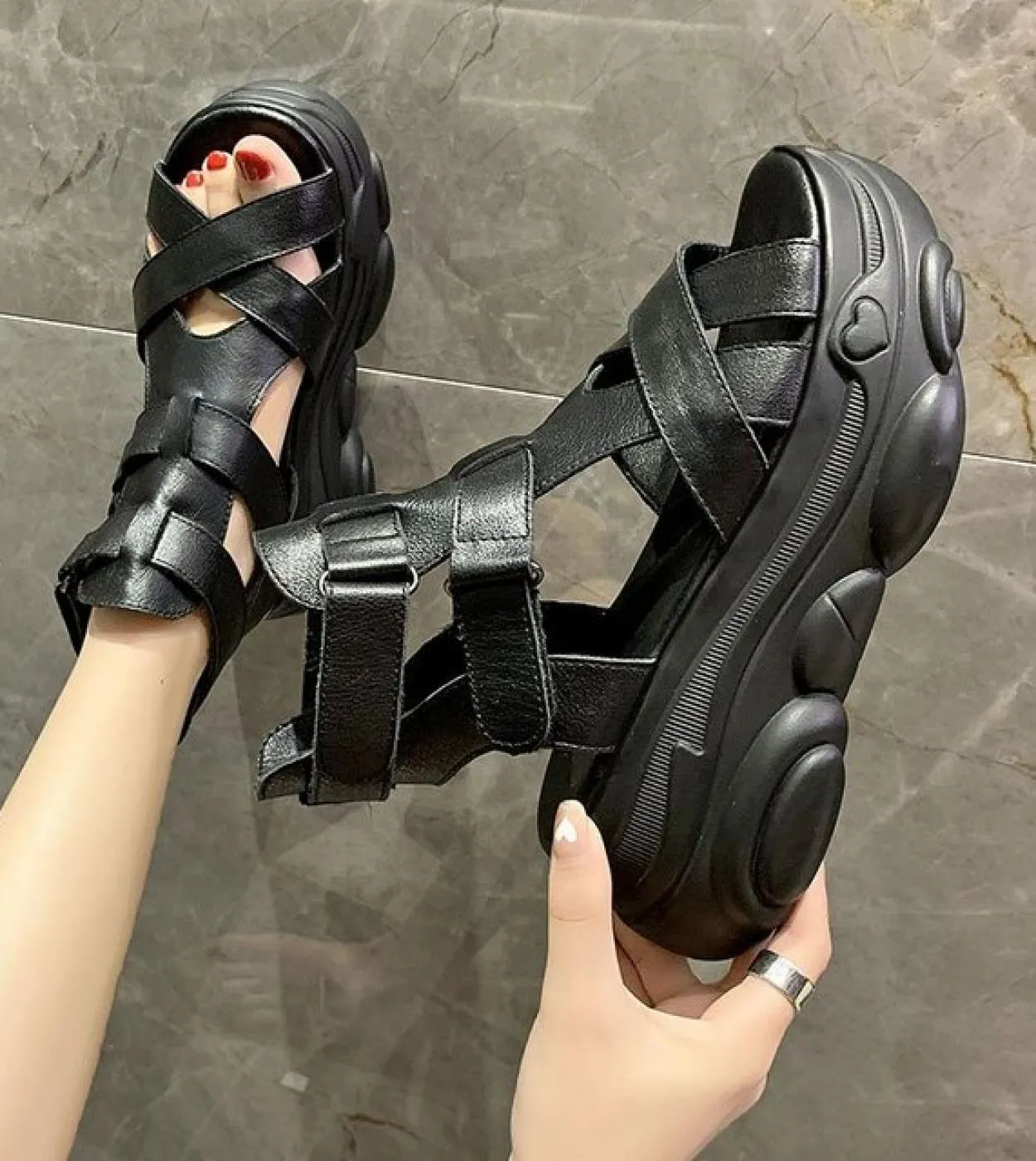 New Platform Sandals Women Button Canvas Students Female Summer Cool Modern 7cm Height Increasing Heel Thick Sole Shoes