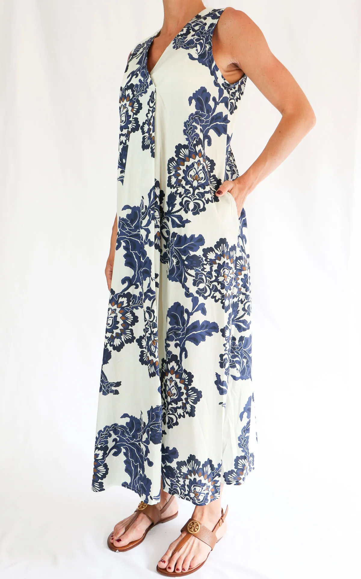 Off-on – Abito scollo V fantasia – Panna / blu