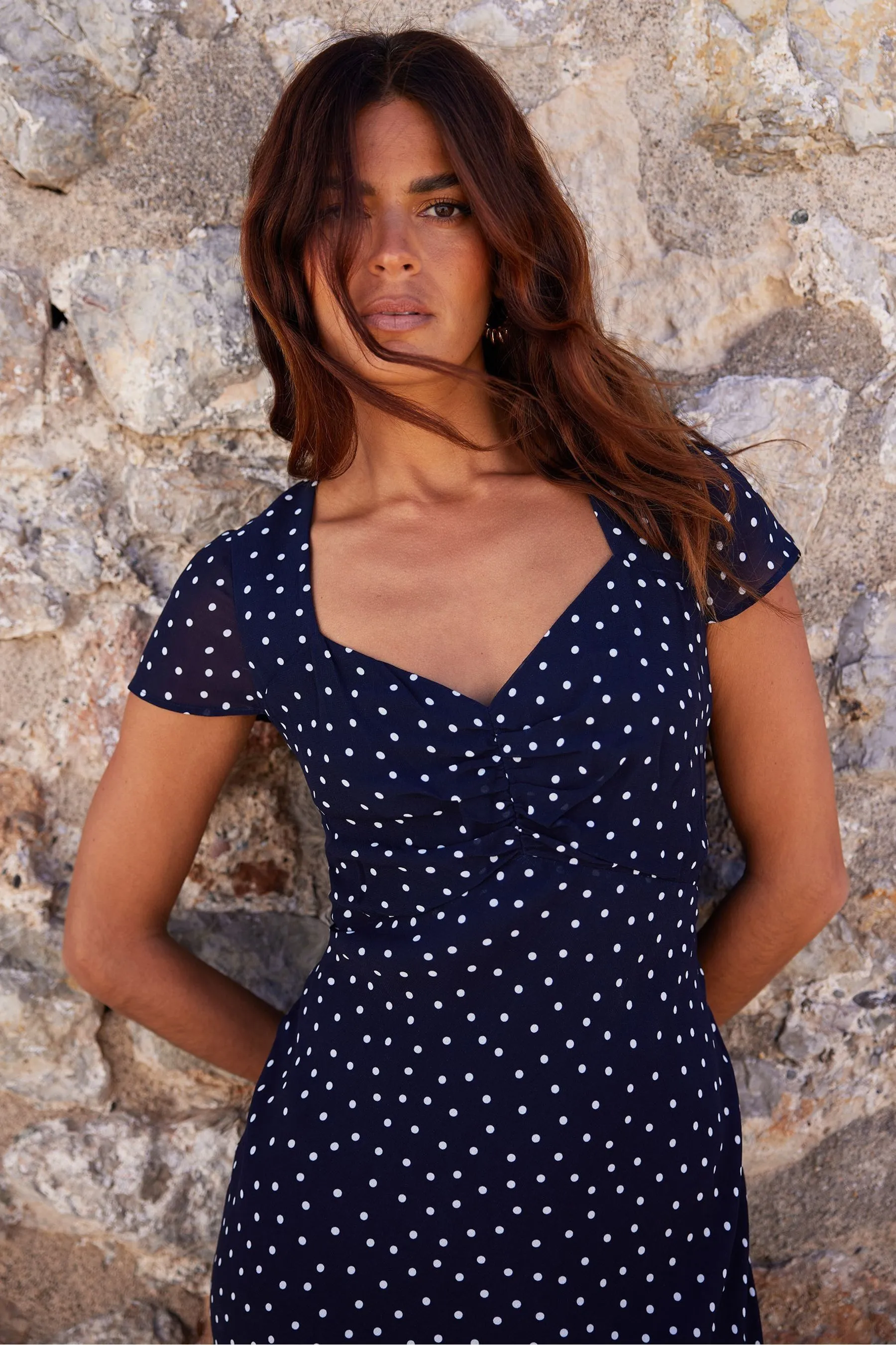 Ro&Zo Blue - Spot Print Sweetheart Neckline Midi Dress