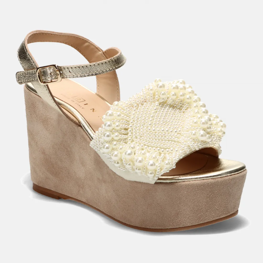 Sandalo con zeppa Fiorina bianco e oro in pelle con perline