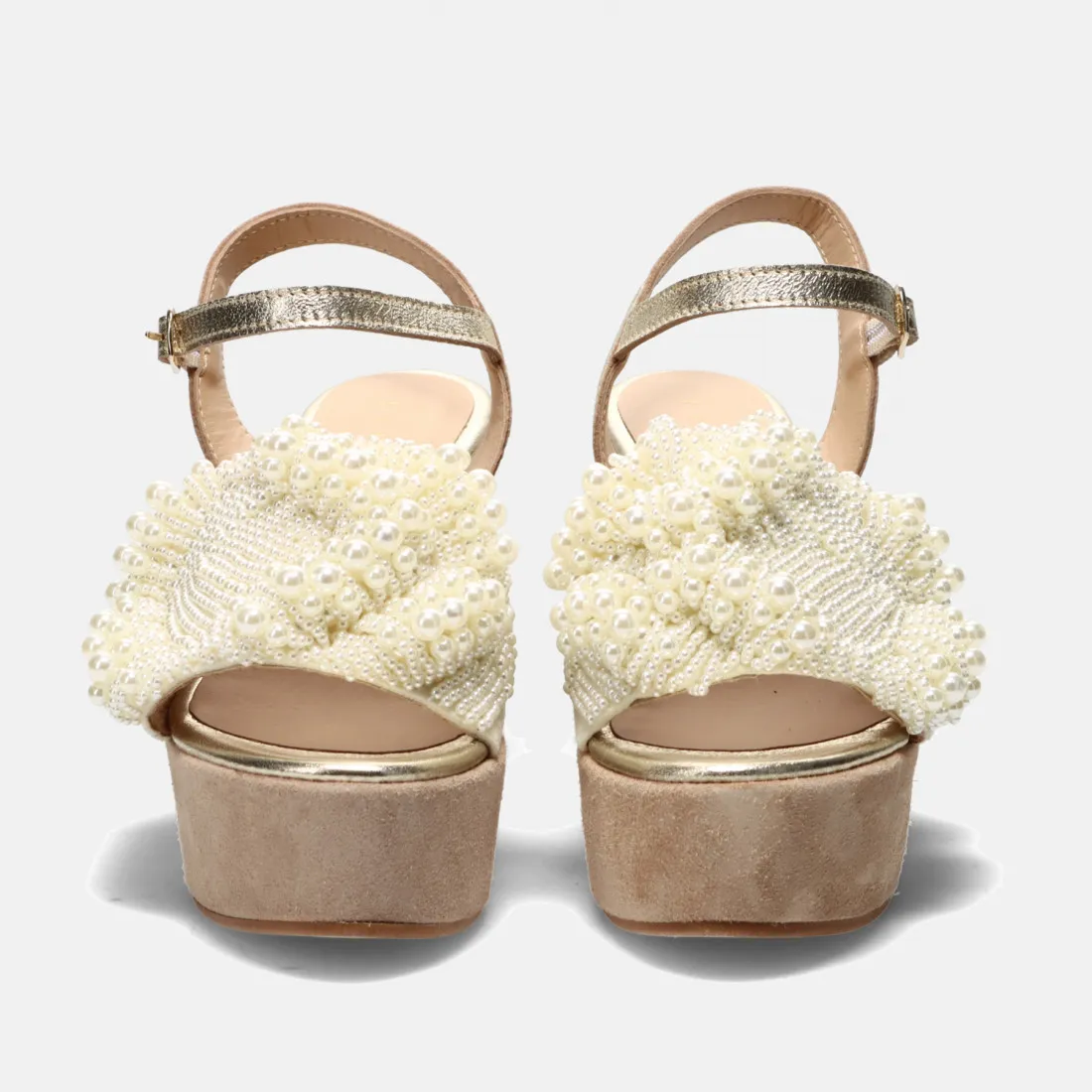 Sandalo con zeppa Fiorina bianco e oro in pelle con perline