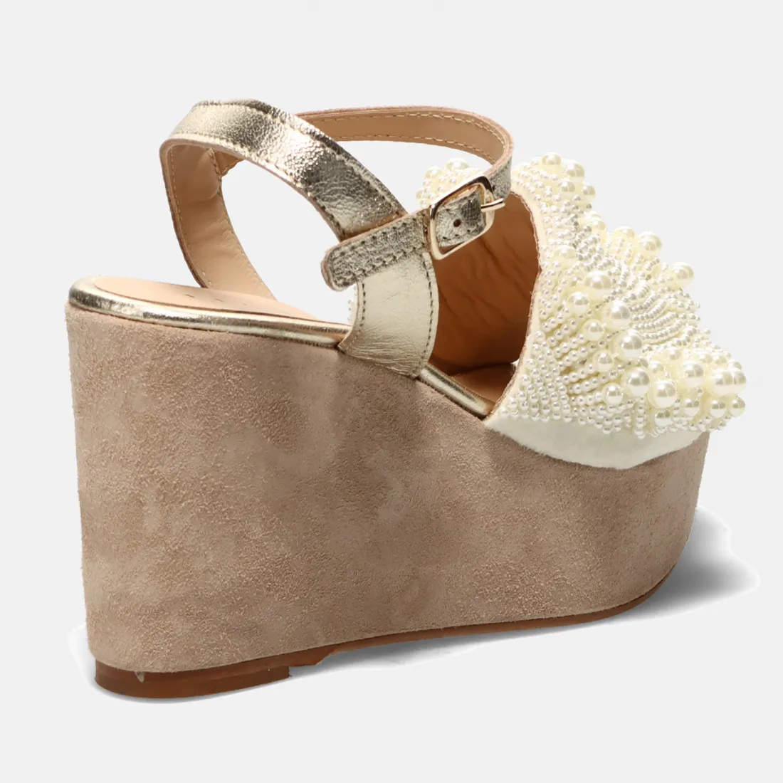 Sandalo con zeppa Fiorina bianco e oro in pelle con perline