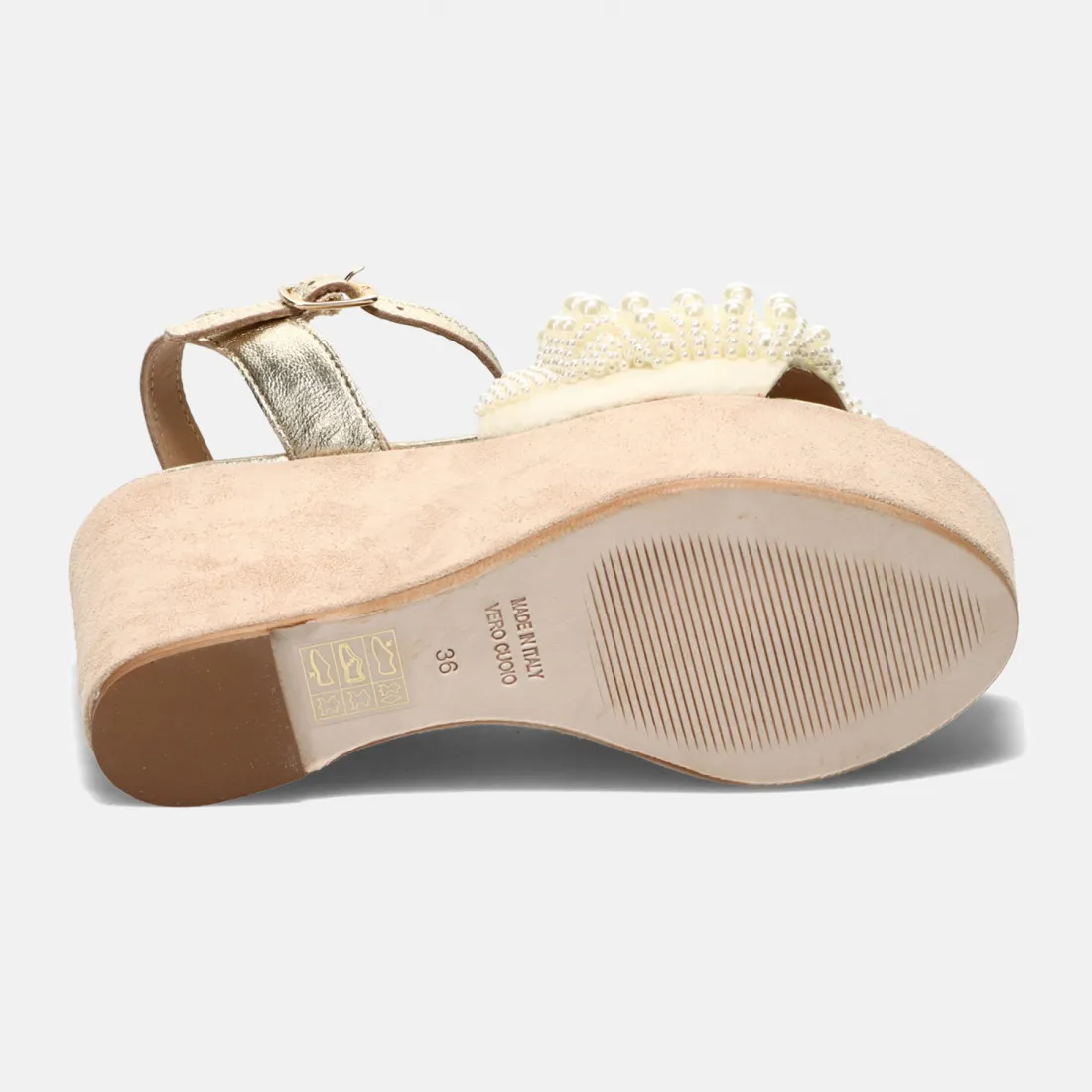 Sandalo con zeppa Fiorina bianco e oro in pelle con perline