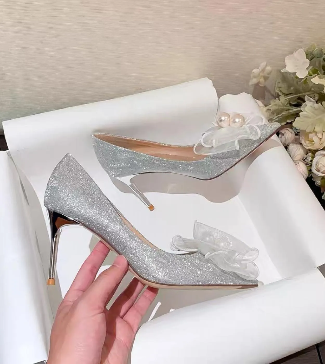 Scarpe da sposa eleganti Scarpe da sposa da donna Scarpe da sposa con fiocco di perle Scarpe da sposa da donna