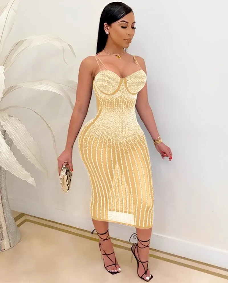 Sequin Glitter Crystal Midi Dress Vestido Women Sleeveless Strap Bodycon See Through Party Club Dresses