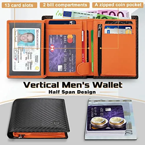 TEEHON Portafoglio Uomo RFID Blocking Pelle Carbonio con 11 Porta Carte di Credito, 2 Finestra ID, Portamonete Cerniera, 2 Scomp