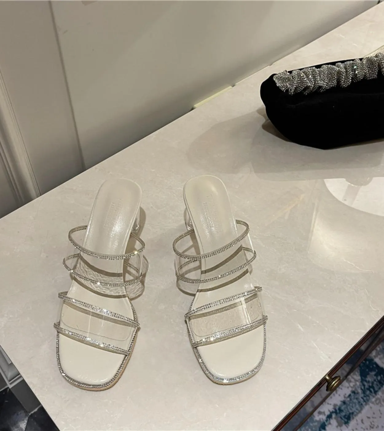 Transparent Rhinestone Sandals Womens  High Heel Crystal Shoes Outer Wear Large Size Sandals Womens Platform Sandals