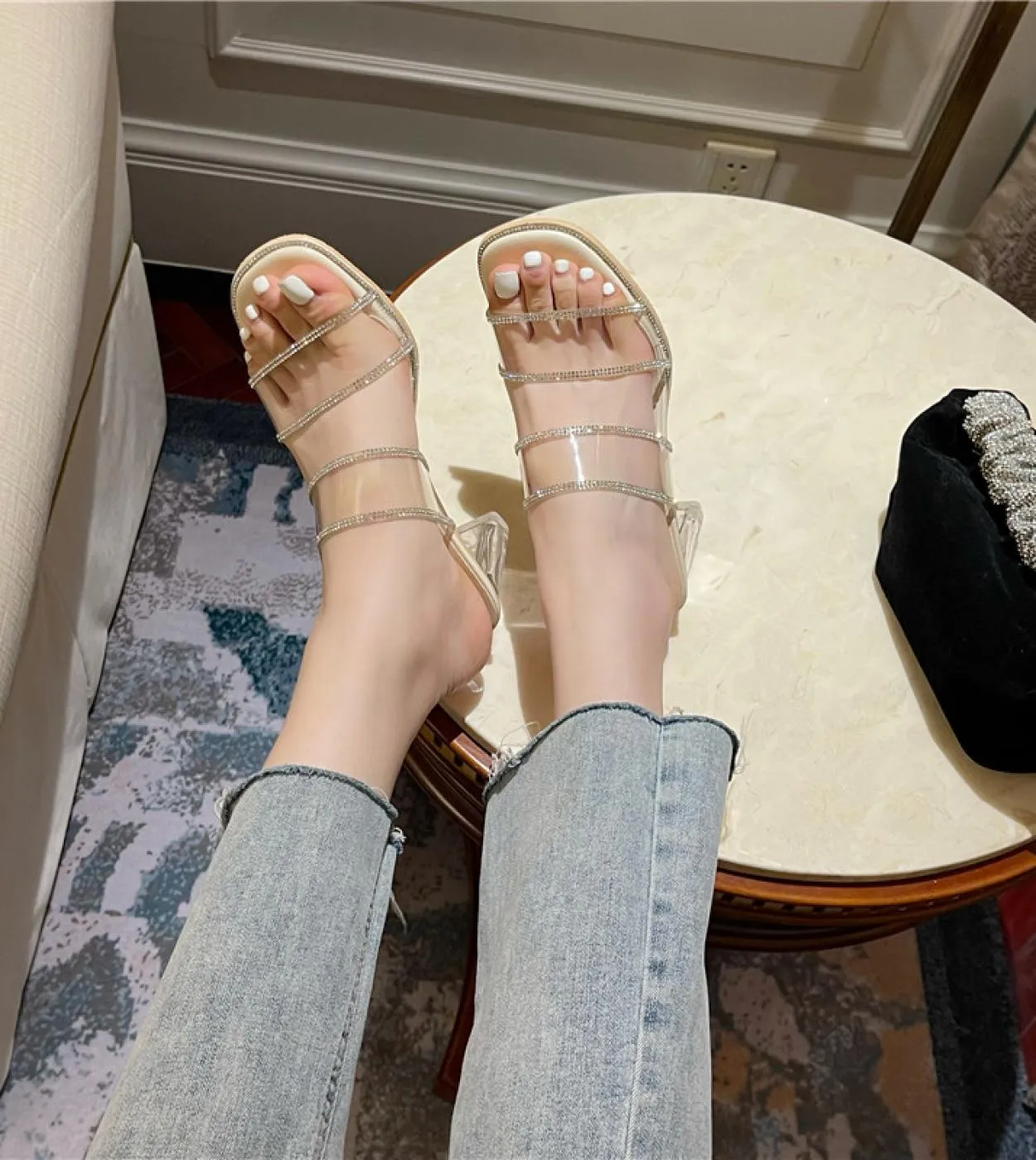 Transparent Rhinestone Sandals Womens  High Heel Crystal Shoes Outer Wear Large Size Sandals Womens Platform Sandals