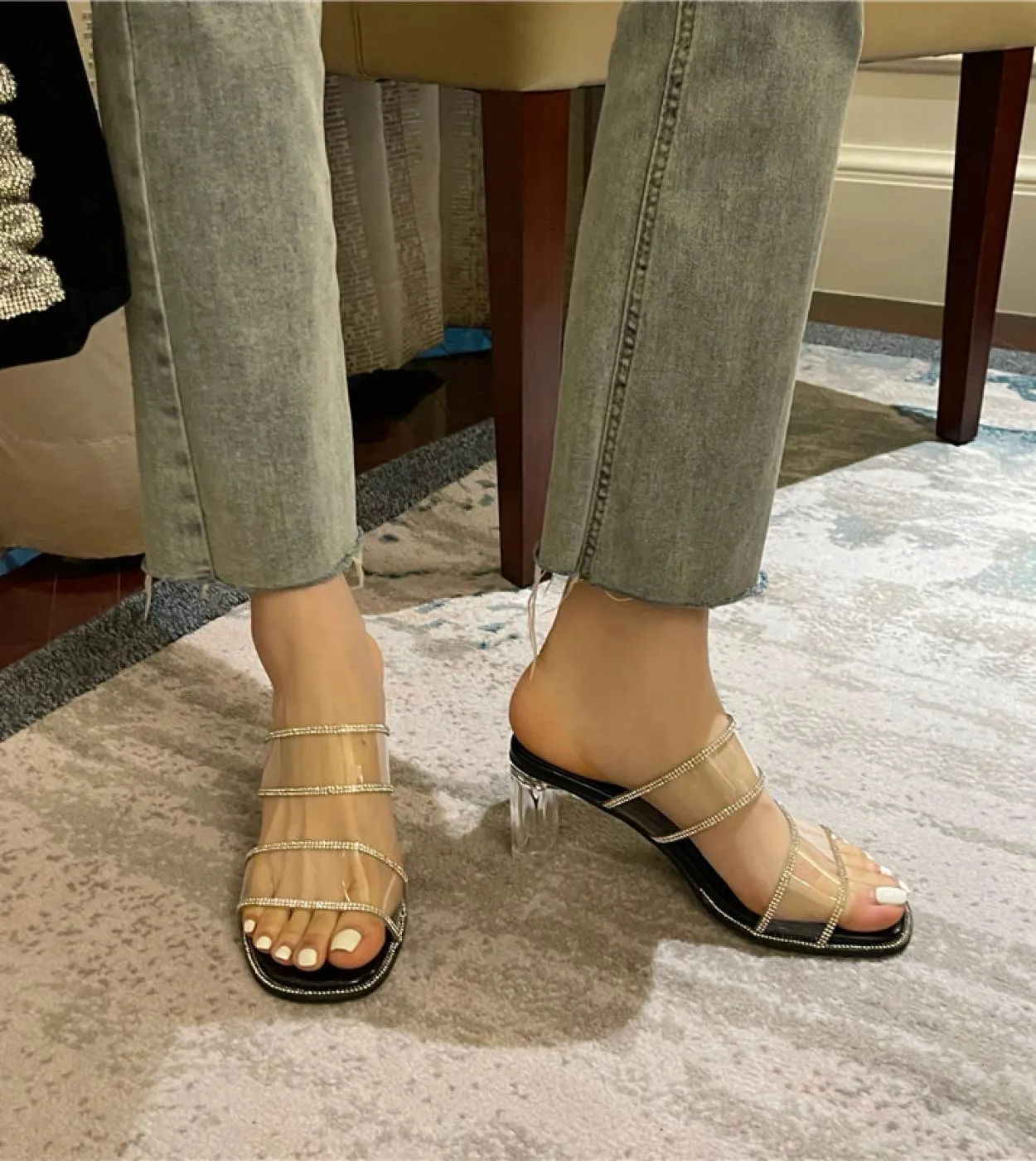 Transparent Rhinestone Sandals Womens  High Heel Crystal Shoes Outer Wear Large Size Sandals Womens Platform Sandals