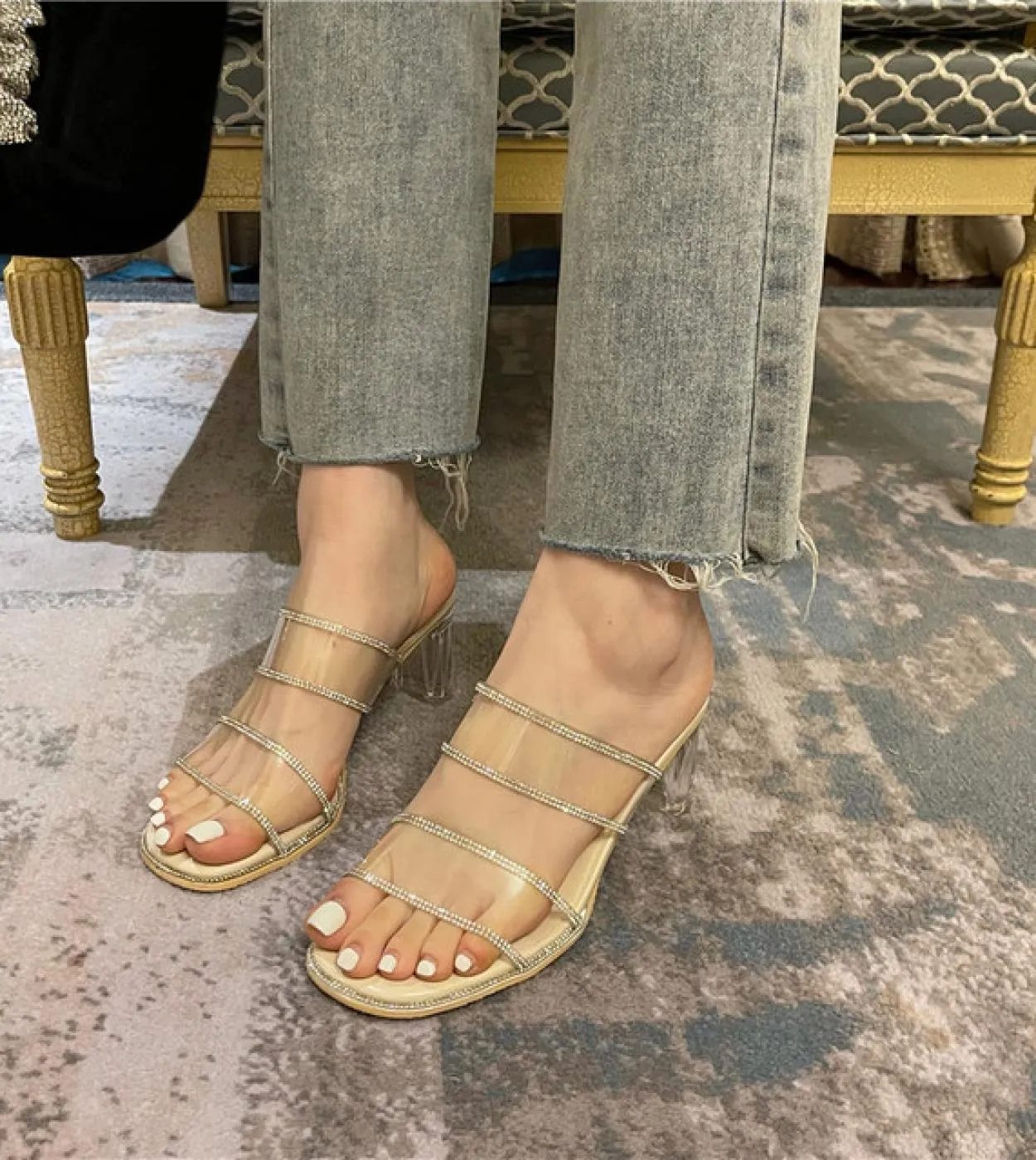 Transparent Rhinestone Sandals Womens  High Heel Crystal Shoes Outer Wear Large Size Sandals Womens Platform Sandals
