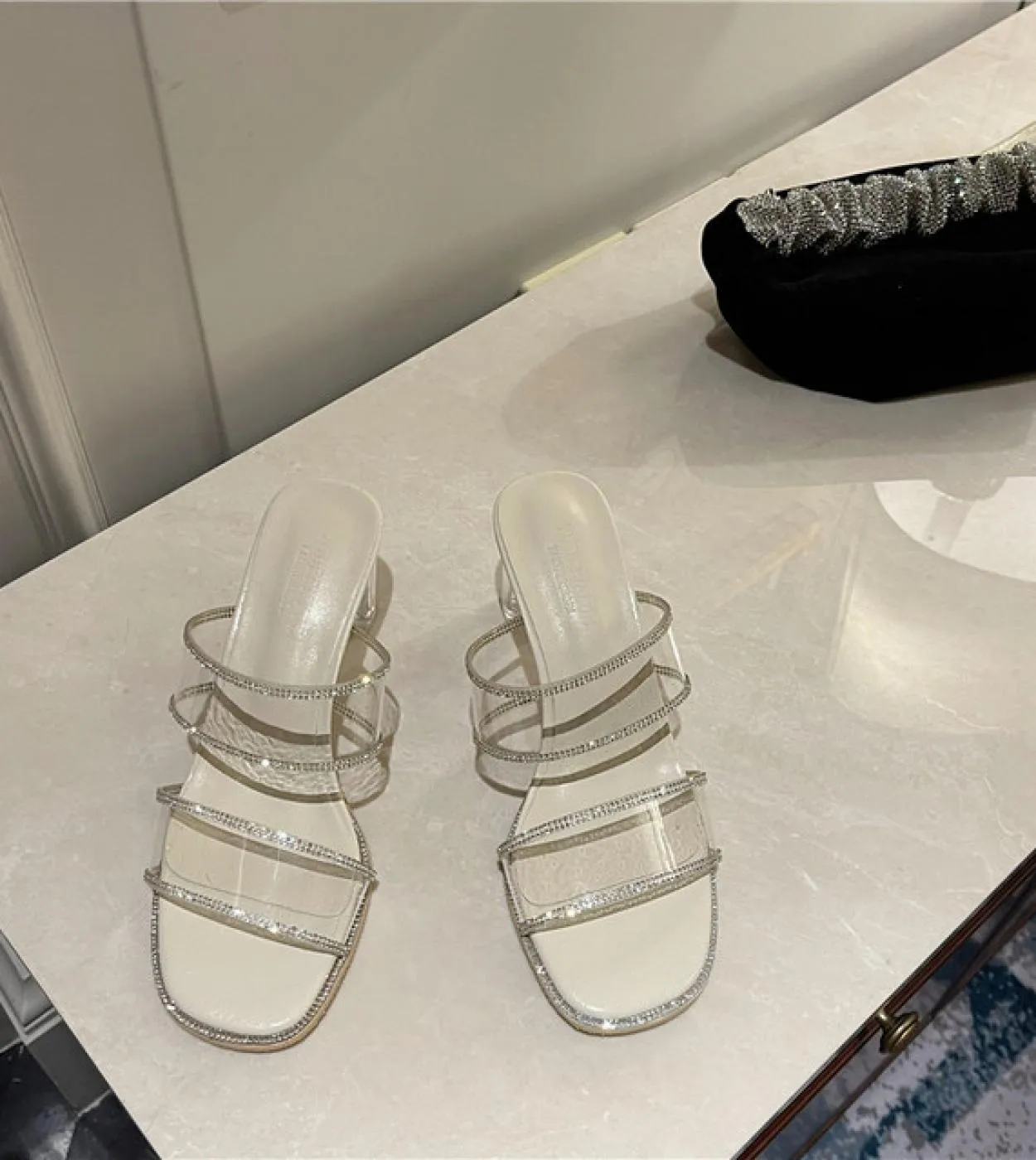 Transparent Rhinestone Sandals Womens  High Heel Crystal Shoes Outer Wear Large Size Sandals Womens Platform Sandals