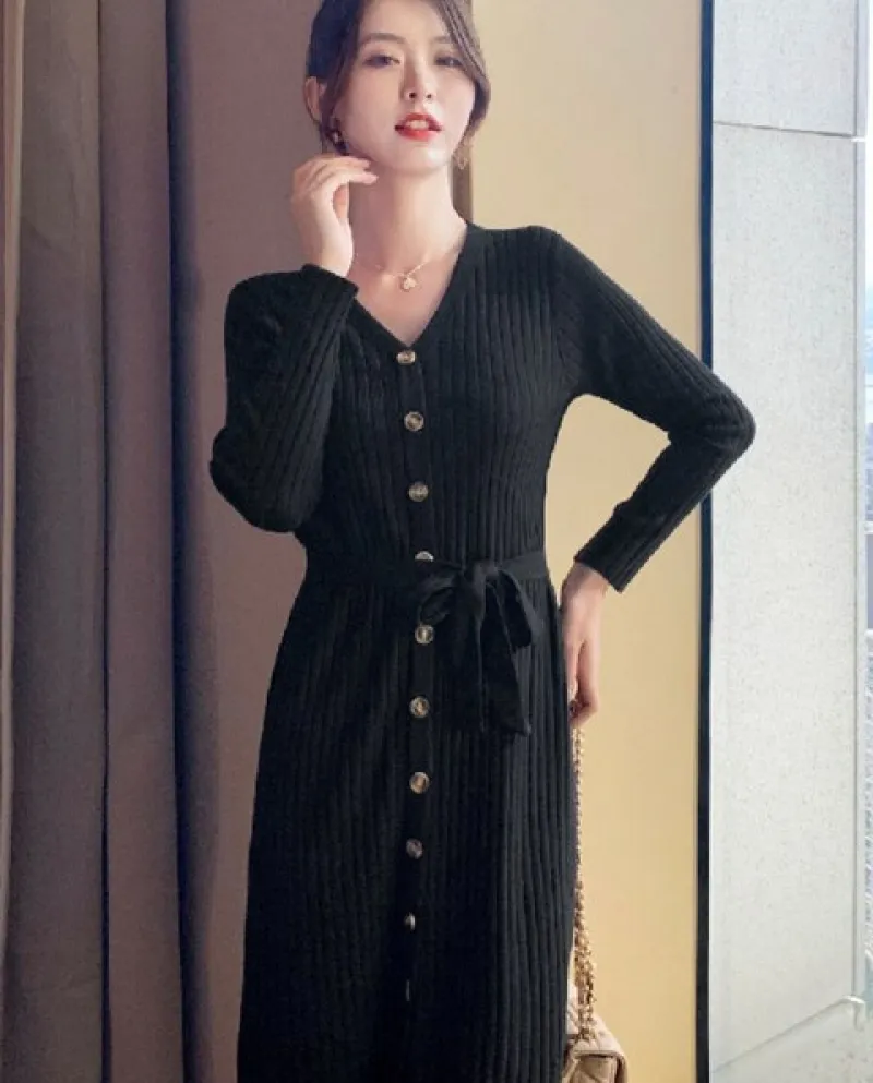 V Neck Long Sleeve Solid Color Belt Female Bodycon Midi Dress Autumn Exotic Elegant Party Evening Fairy Fashion Dresses
