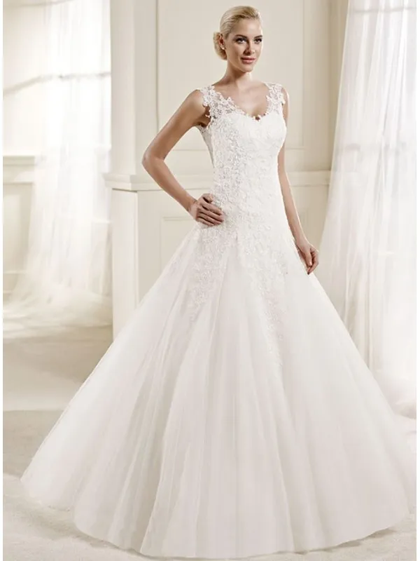 Vestito da Sposa online con scollo a V di Tulle con ricami di Pizzo e schiena scoperta
