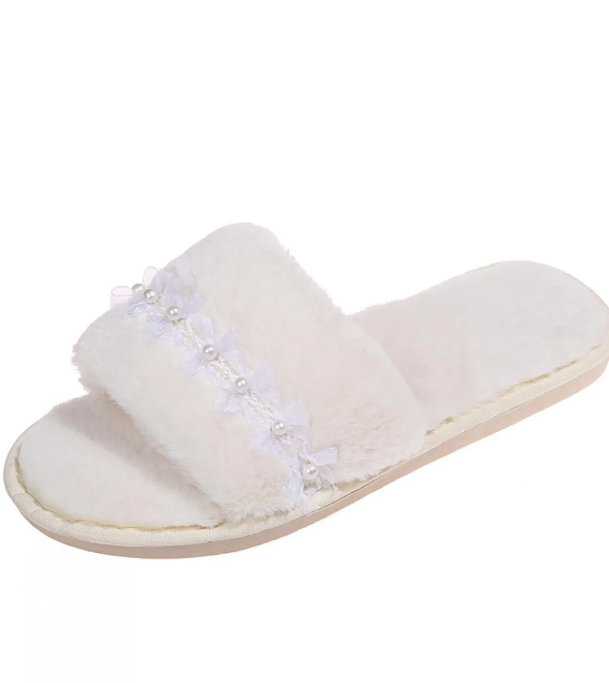 Winter Indoor Home Women Slippers Flat Shoes Pearl Chain Ladies Slides Female Sweet House Plush Soft Autumn Flip Flops