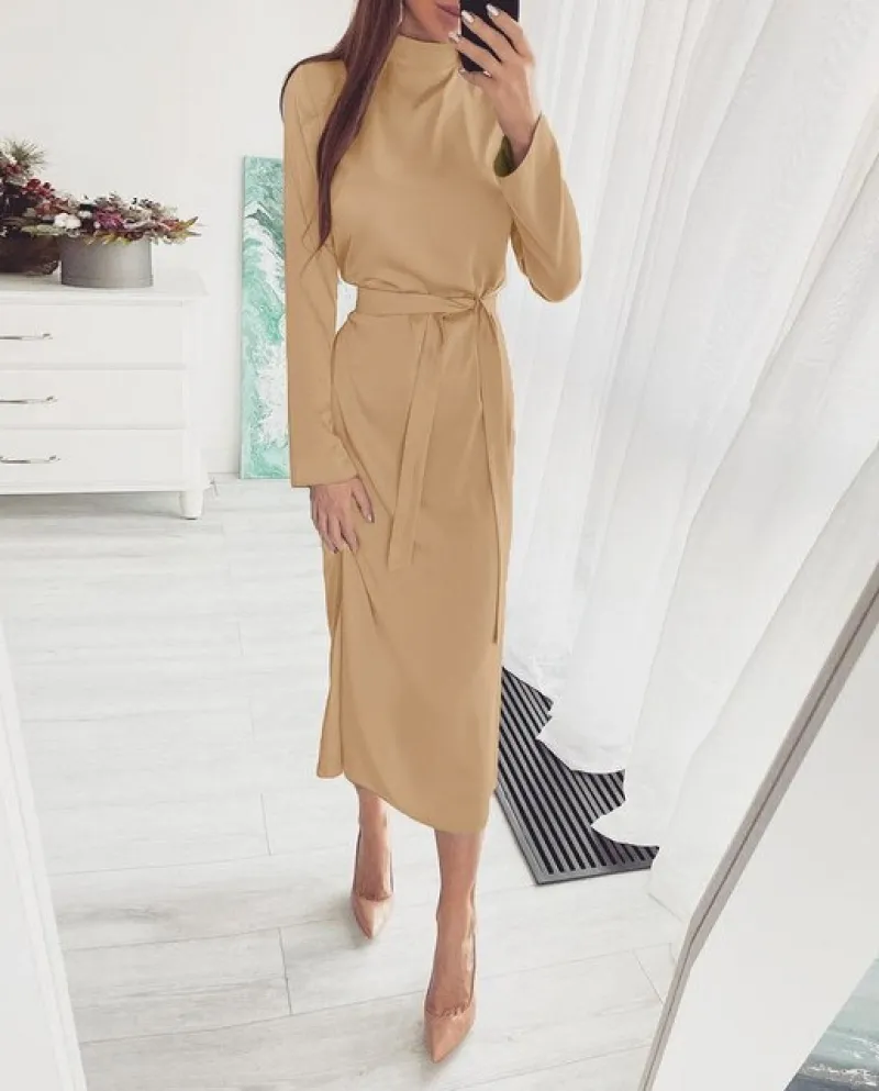 Women Turtleneck Long Sleeve Midi Dress Spring Autumn Fashion Solid Color Lace Up Office Lady Casual Party Dress Female