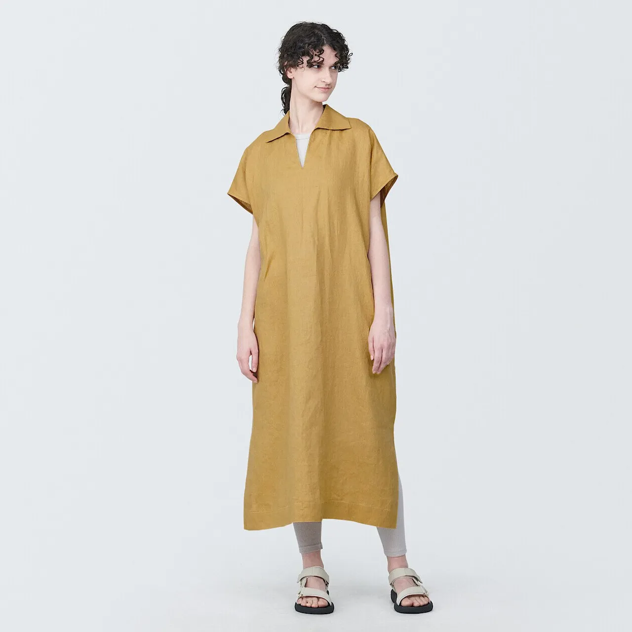 Women's Linen V Neck Collar Midi Dress