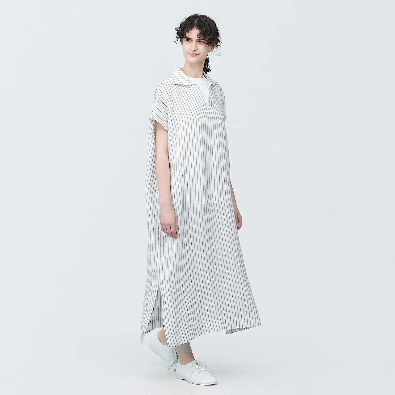 Women's Linen V Neck Collar Midi Dress