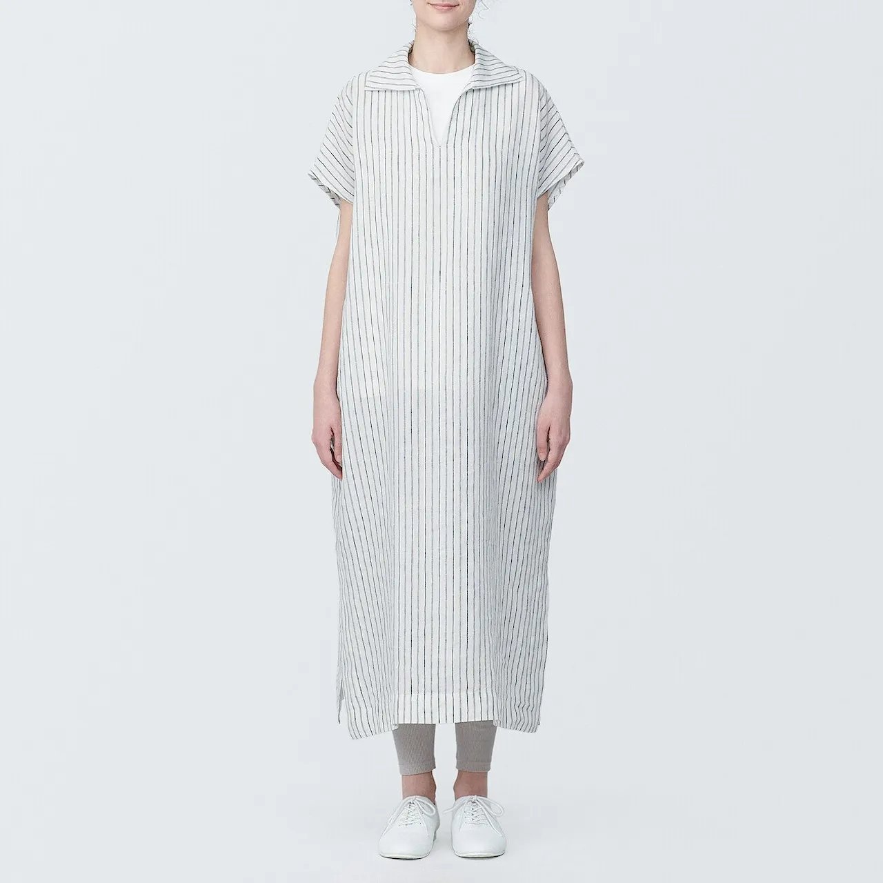 Women's Linen V Neck Collar Midi Dress