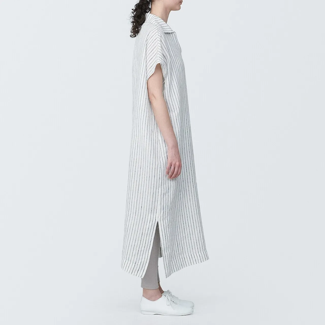 Women's Linen V Neck Collar Midi Dress