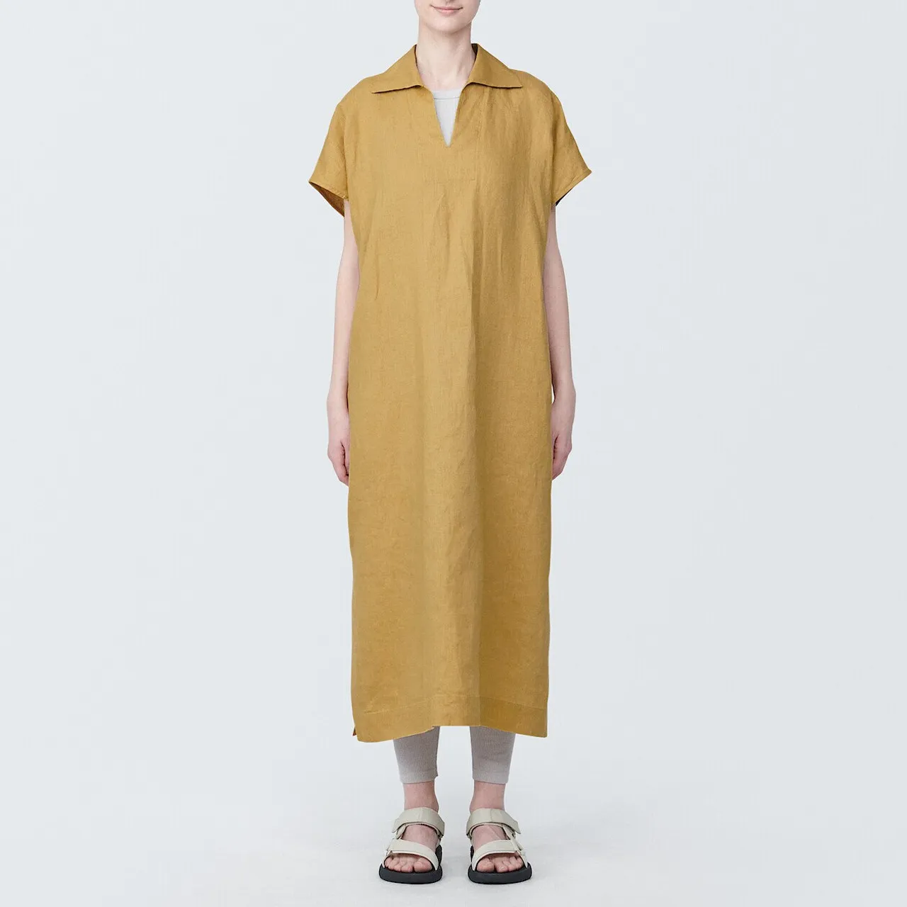 Women's Linen V Neck Collar Midi Dress
