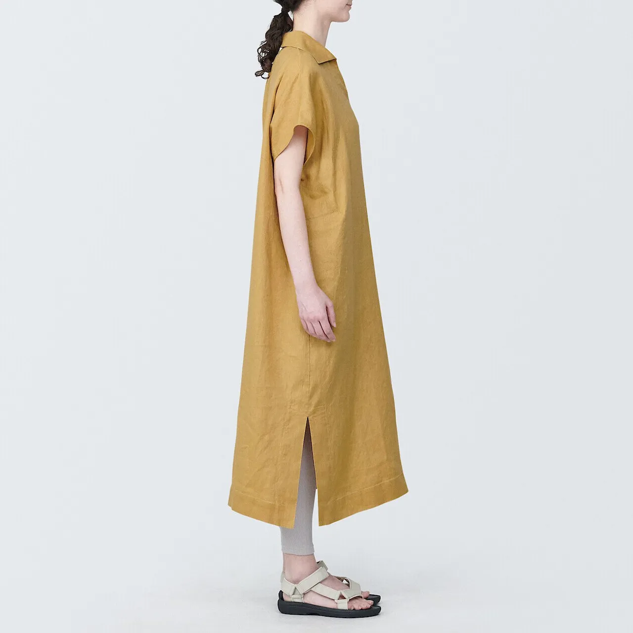 Women's Linen V Neck Collar Midi Dress