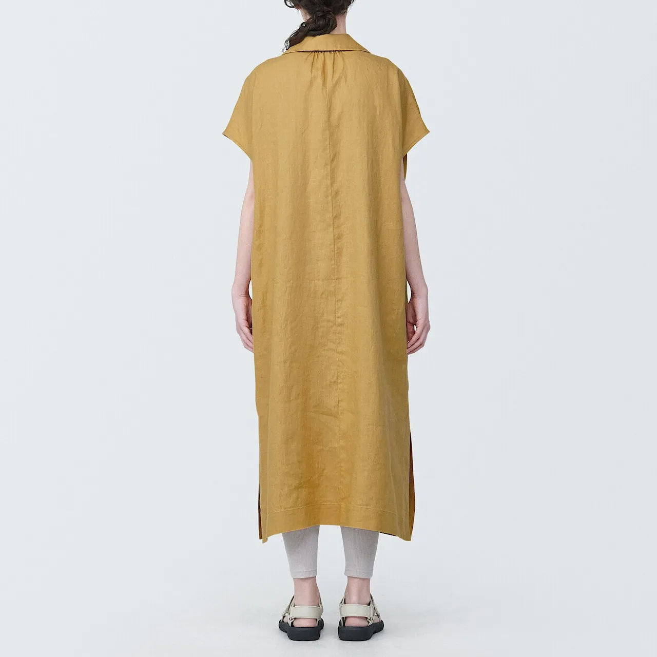 Women's Linen V Neck Collar Midi Dress